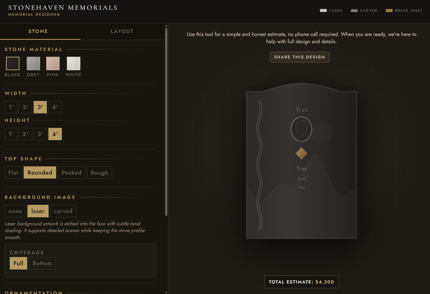 Memorial Designer interface — configure stone, layout, and get a live estimate