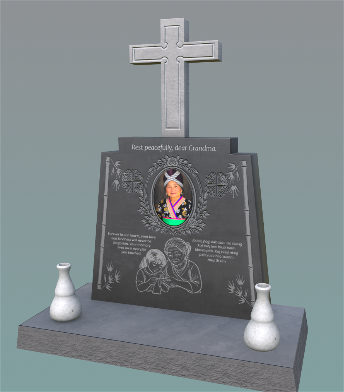 Custom shape memorial with carved detail and brass inlay
